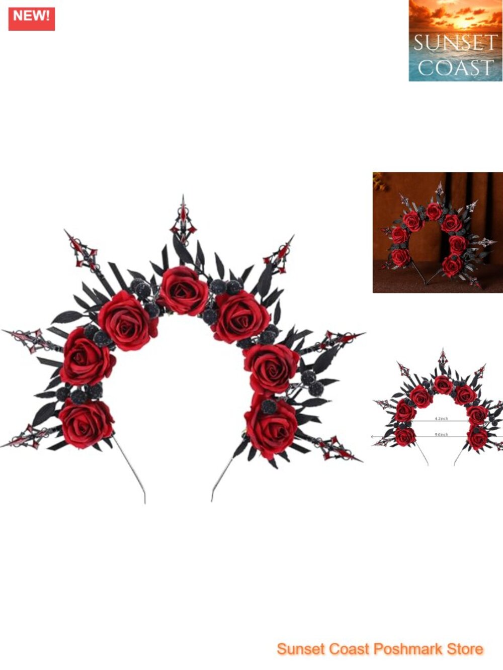 Gothic Halo Crown Headband with Red Rose, Zip Tie Medieval Cosplay Hair